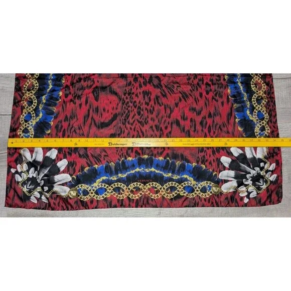 Gianni Versace Beautiful Silk Scarf Square Corner Feathers Design Red